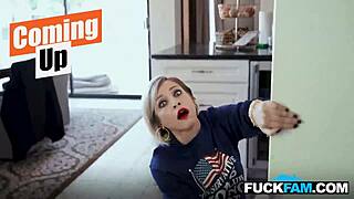 Stepmom fainted watching stepdaughter fuck husband and stepson.