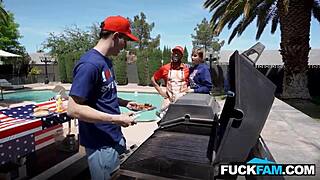 Stepmom fainted watching stepdaughter fuck husband and stepson.