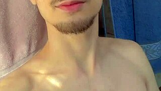 Young guy wakes up inspired and shows everything in bathroom exhibition