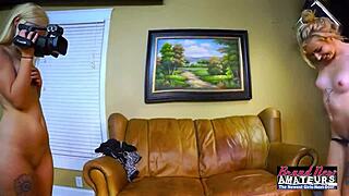 Petite blonde Olyssia and coed Bailey share a hard cock to deepthroat