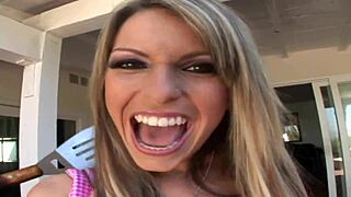 Slutty whore commands group of men in orgy gangbang, climaxing with facial sperm party