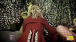 Three hot girls in retro uniforms fuck a stud