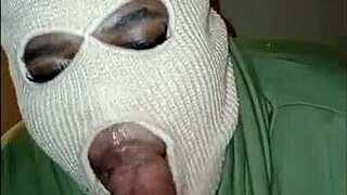 Masked girl performs super sloppy deep throat blowjob