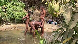 Curvy brown-skinned ebony at the stream