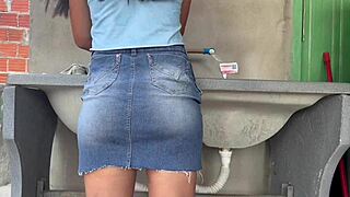 wife in skirt with big butt and tight ass wants to fuck while washing clothes