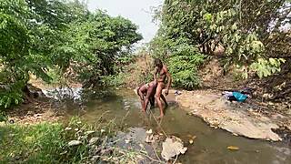 Curvy brown-skinned ebony at the stream