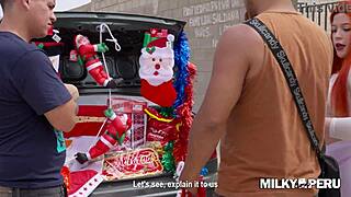 Greta sweet fucks an enterprising fan outdoors for christmas