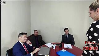 Company tests sofa with MILF employee! She sucked everyone!