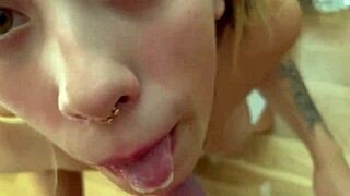 Does slutty blonde love swallowing cum in blowjob?