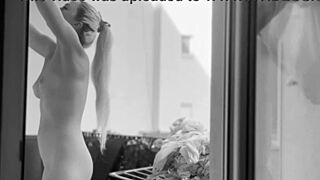 A chubby woman hangs out the laundry on the balcony for neighbors to watch