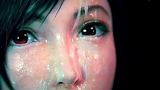 Brunette with nice tits took on a lot of cum