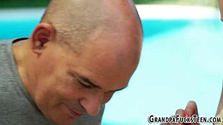 Brunette teen sucks grandfather's cock outdoors