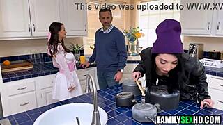 Stepdaughters compete for stepdad's attention in taboo threesome.