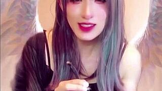 cute asian ladyboy masturbates during live stream