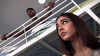 Blonde Nikki Hill rides black cock in hostel