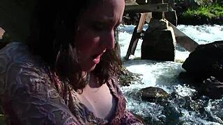 Sweet flower girl fingers pussy with vibrator outdoors