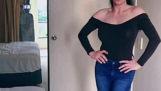 pretty asian ladyboy stripteases in jeans revealing big boobs