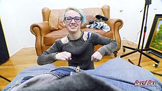 Petite exotic coed raven masturbates shaved pussy, then sucks cock for FACIAL CUMSHOT