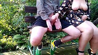 my horny mother-in-law flashes her big natural breasts outdoors.