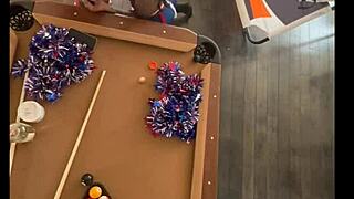 Ebony cheerleader fucks with big black cock at pool hall.
