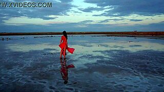 Walk on red sunset of elton salt lake