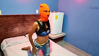 my brunette stepsister wants to celebrate halloween in the hotel bed, she shakes her body sexy and getts naked for me