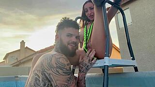 paying the pool boy turns into teasing ass licking, doggystyle fucking, and rough outdoor sex by the pool
