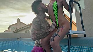paying the pool boy turns into teasing ass licking, doggystyle fucking, and rough outdoor sex by the pool