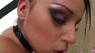 Submissive brunette lets two men use her tight pussy relentlessly before swallowing their thick cum