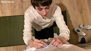 Skinny Girl Kneeling for Blowjob and Facial