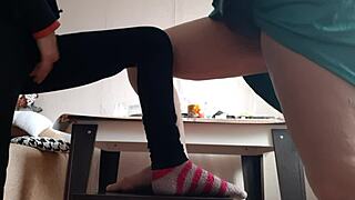 Middle aged woman and student masturbate on chairs, right there