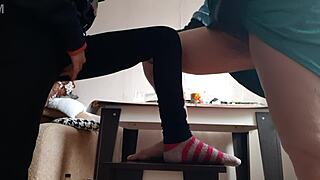 Middle aged woman and student masturbate on chairs, right there