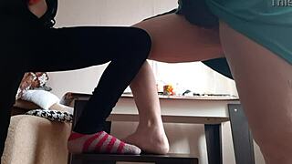 Middle aged woman and student masturbate on chairs, right there