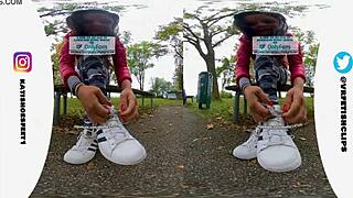 A 3d girl in vr180 wears sweaty adidas sneakers and dirty socks for foot licking