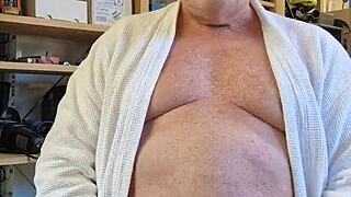 Chris, the dirty old man, poses nude in a homemade European setting.