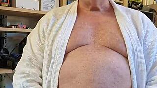 Chris, the dirty old man, poses nude in a homemade European setting.