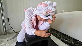 housewife wearing unicorn costume riding sybian in homemade setting