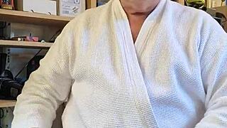 Chris, the dirty old man, poses nude in a homemade European setting.