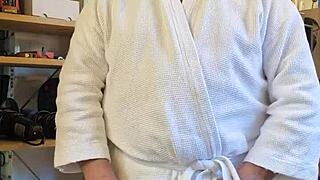 Chris, the dirty old man, poses nude in a homemade European setting.