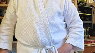 Chris, the dirty old man, poses nude in a homemade European setting.