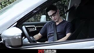 Blonde teen learns driving from instructor outdoors