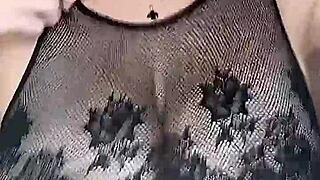 in stockings fucks huge natural tits from above?