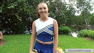 Busty cheerleader flashing boobs outdoor, feeling so excited and free