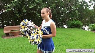 Busty cheerleader flashing boobs outdoor, feeling so excited and free