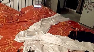 1503 Full Red Bodysuit French Slut In Red Satin Bodysuit Red Satin Tanga Stockings And High Heels Pussy Licking Blowjob Rimming Intense Doggy Style