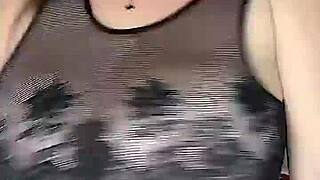 in stockings fucks huge natural tits from above?