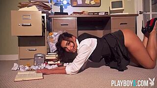 gorgeous brunette milf gamer emjay rinaudo sensual office striptease 😍💼