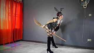 hey, check out this halloween witch regina noir in velma dinkley costume with yellow pantyhose at the old house stairway