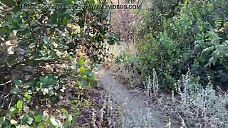 In the great outdoors, a couple engages in wild sex culminating in an internal creampie.