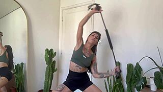 Inked girl rubber band workout warm up strength sfw yoga fitness